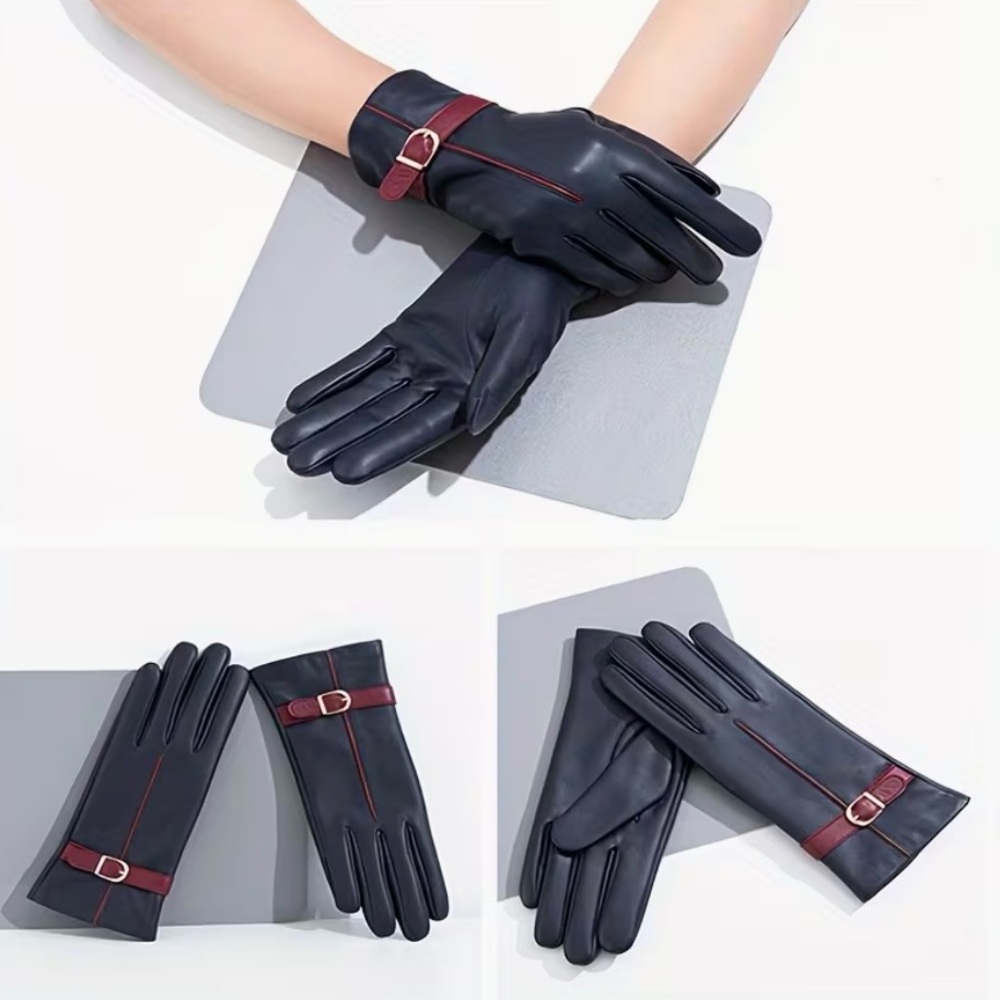 Elegant Navy Blue and Red Genuine Leather Gloves